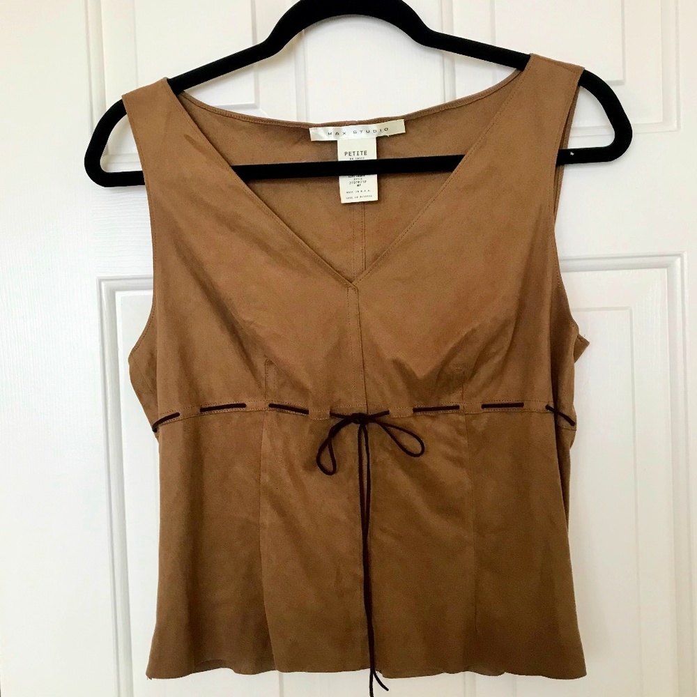 Max Studio Faux Suede Sleeveless V Neck Shirt with Faux Suede Tie Petite M